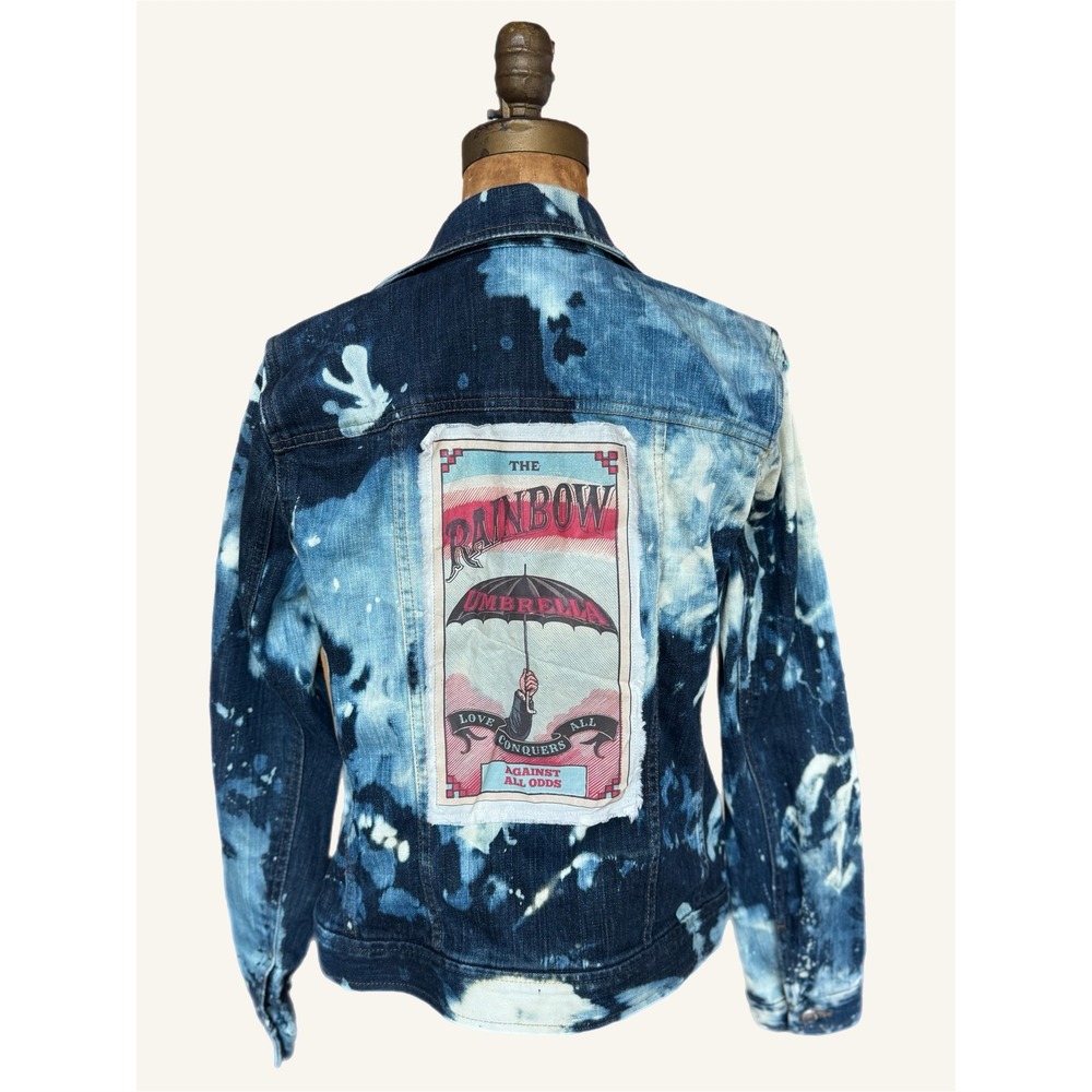 One-of-One‎ Bleached Denim Art Jacket Rainbow Umbrella Moth Patch Medium